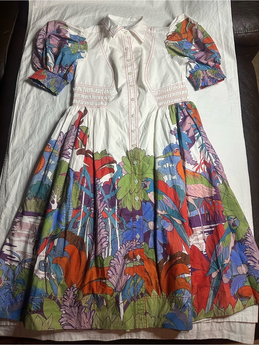 Maeve Puff-Sleeve Smocked Shirt Dress Size S - Picture 4 of 16